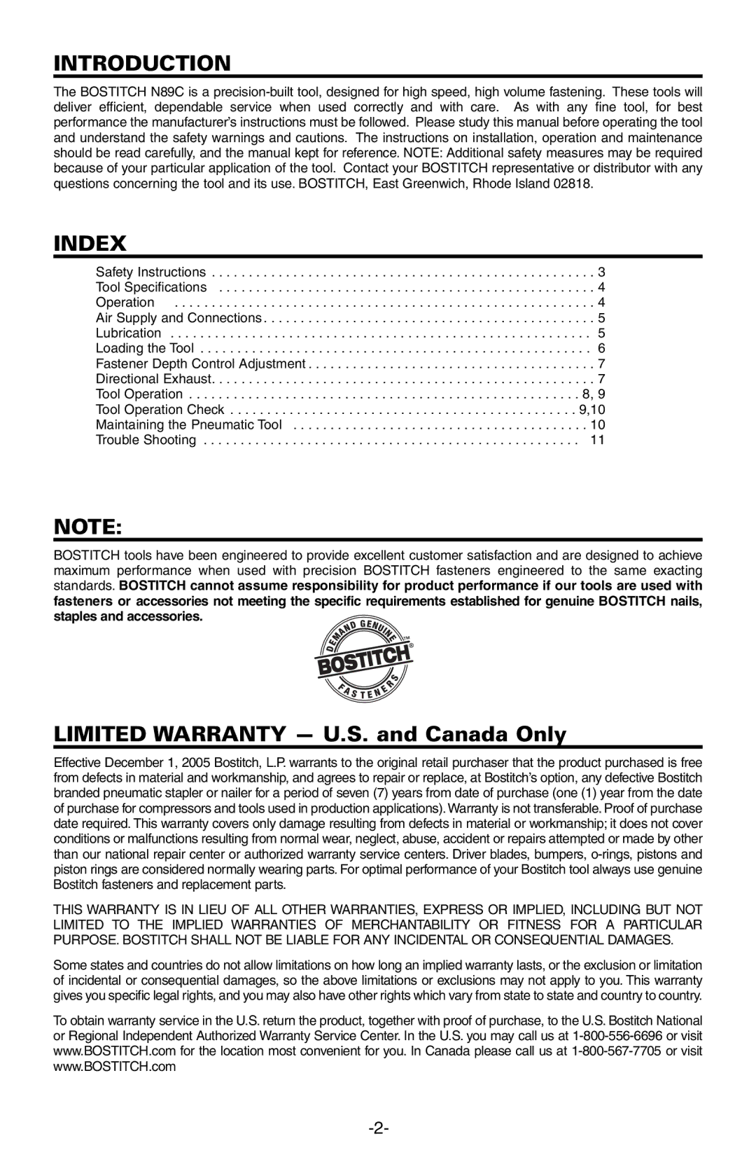 Bostitch N89C manual Introduction, Index 