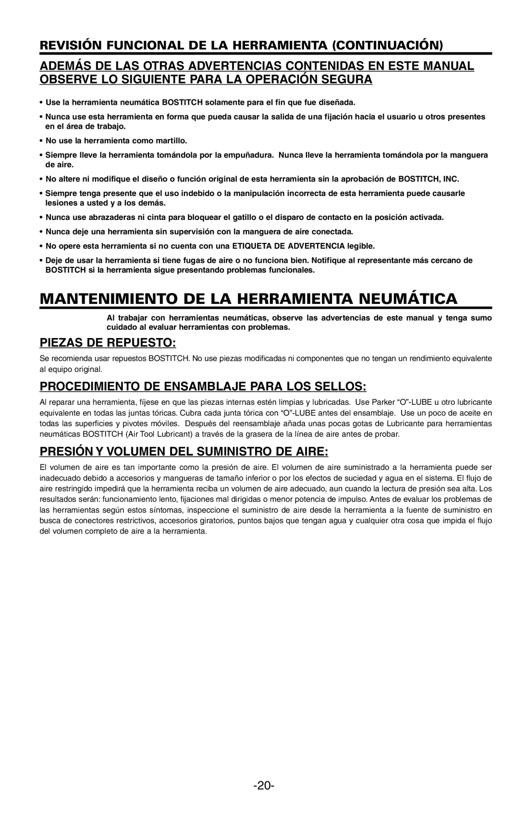 Bostitch N89C Mantenimiento DE LA Herramienta Neumática, Piezas DE Repuesto, Procedimiento DE Ensamblaje Para LOS Sellos 