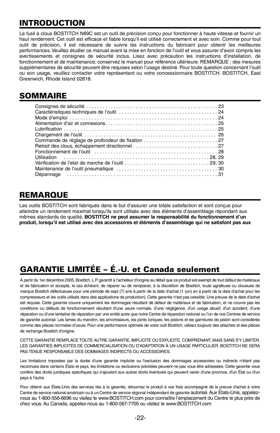 Bostitch N89C manual Sommaire, Remarque 