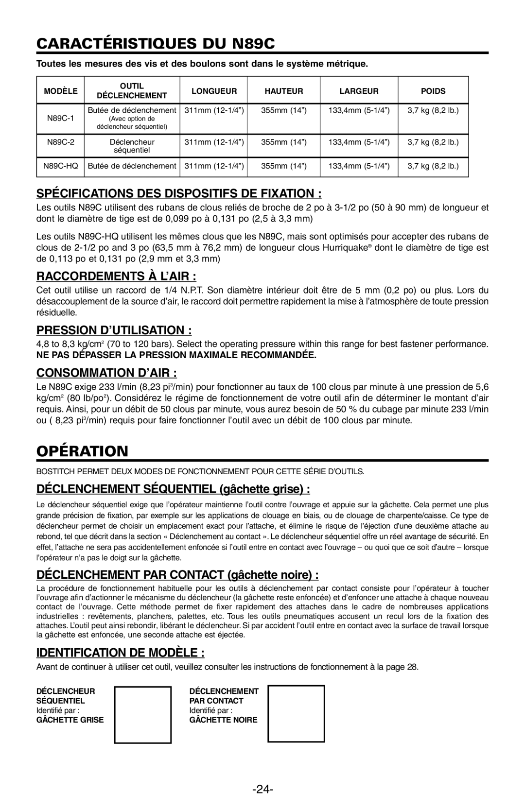 Bostitch manual Caractéristiques DU N89C, Opération 