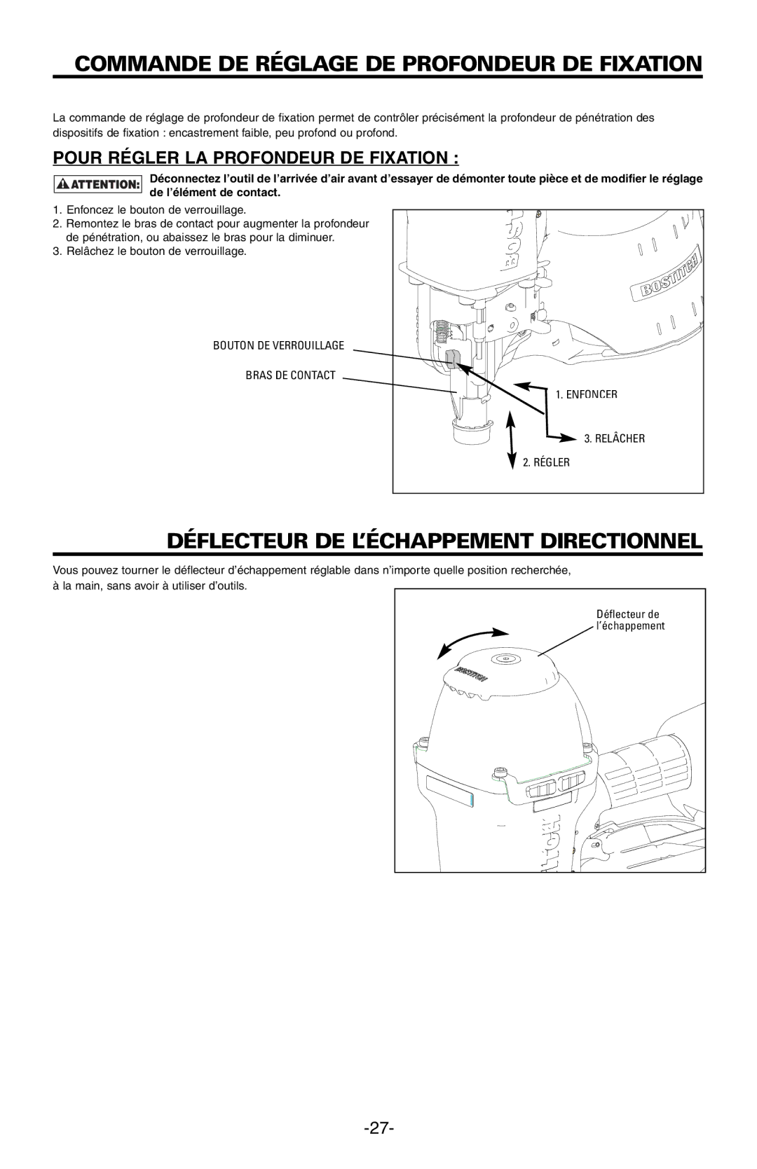 Bostitch N89C manual Commandede Réglagede Profondeur DE Fixation, Déflecteur DE L’ÉCHAPPEMENT Directionnel 