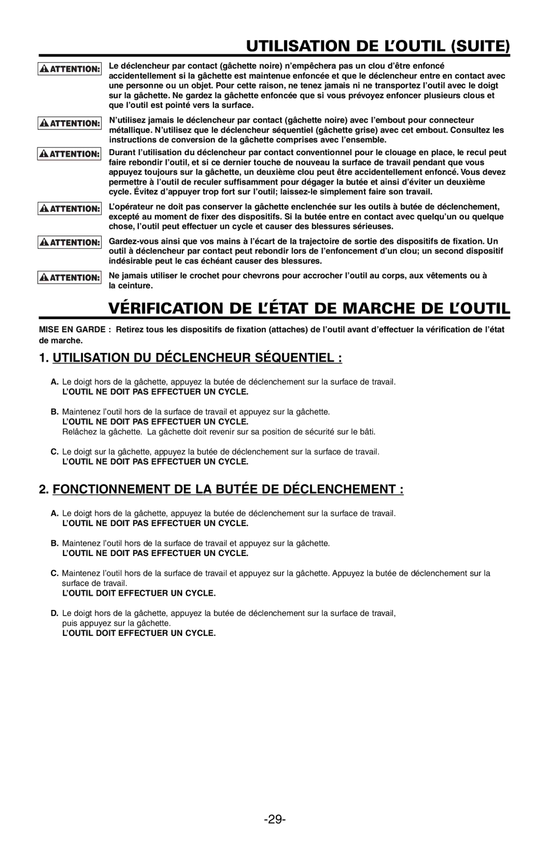 Bostitch N89C manual Utilisation DE L’OUTILSUITE, Vérification DE L’ÉTAT DE Marche DE L’OUTIL 