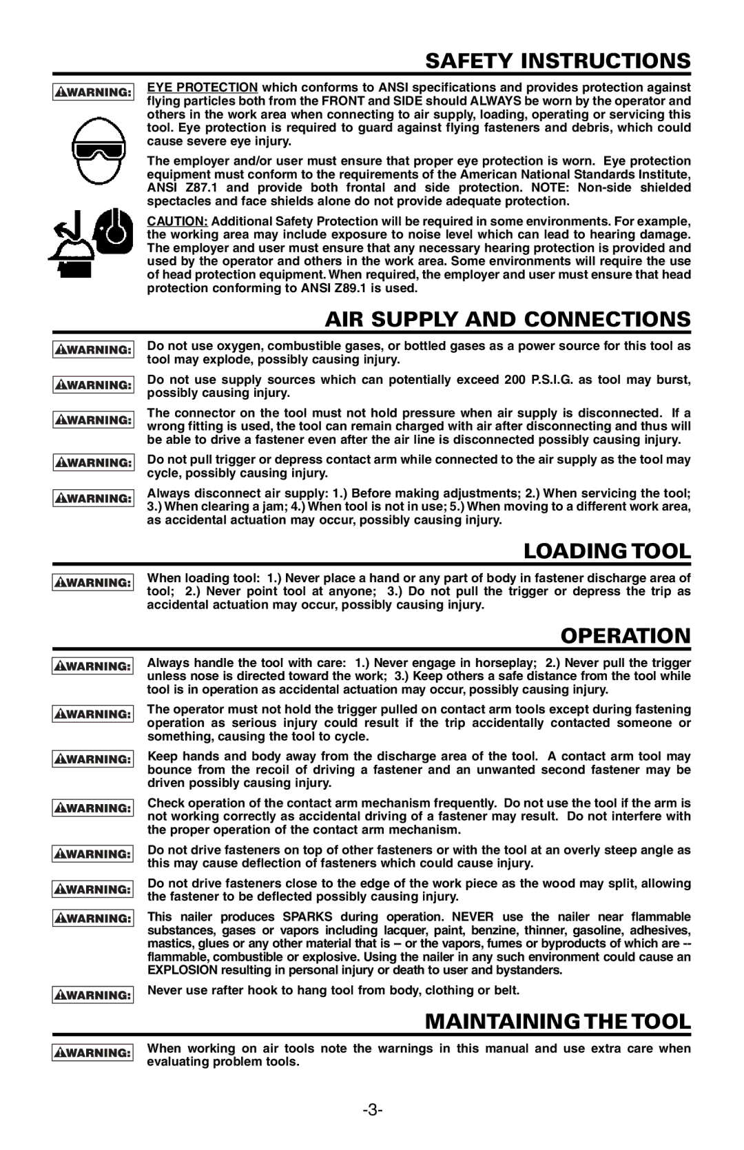 Bostitch N89C manual Safety Instructions, AIR Supply and Connections, Loadingtool, Operation, Maintainingthe Tool 