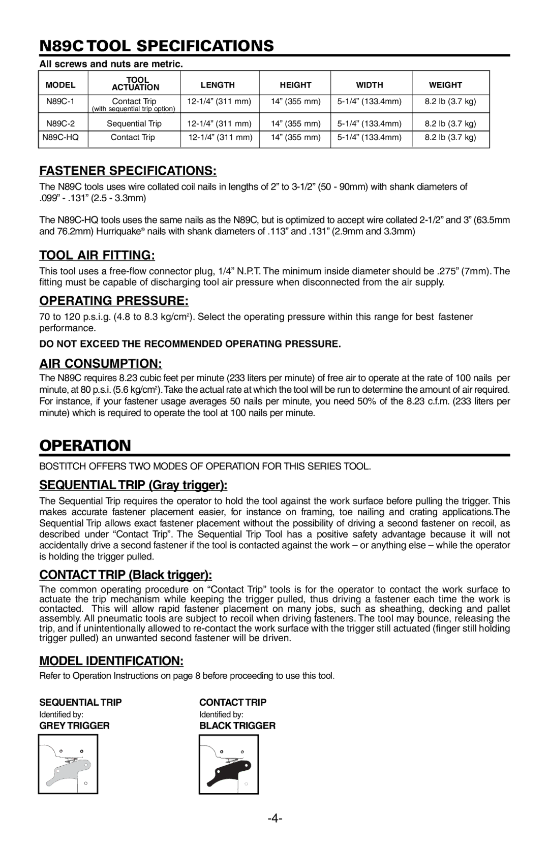 Bostitch manual N89C Tool Specifications 