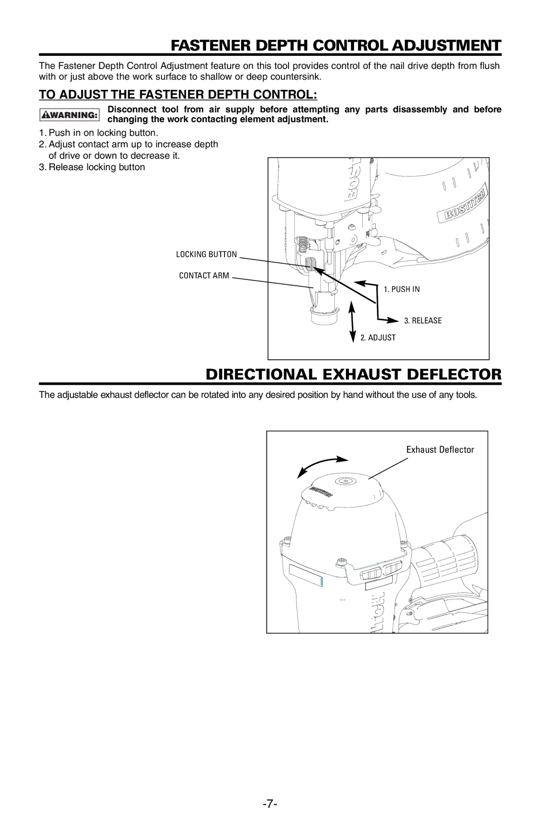 Bostitch N89C manual Fastener Depth Control Adjustment, Directional Exhaust Deflector, To Adjust the Fastener Depth Control 