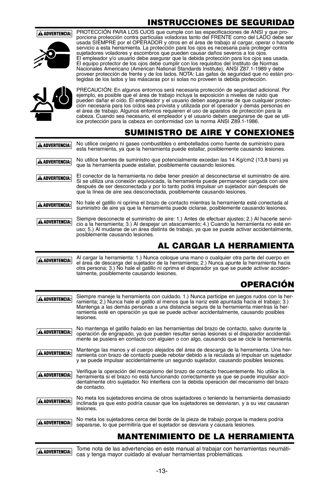 Bostitch 103618REVE manual Instrucciones DE Seguridad, Suministro DE Aire Y Conexiones, AL Cargar LA Herramienta, Operación 