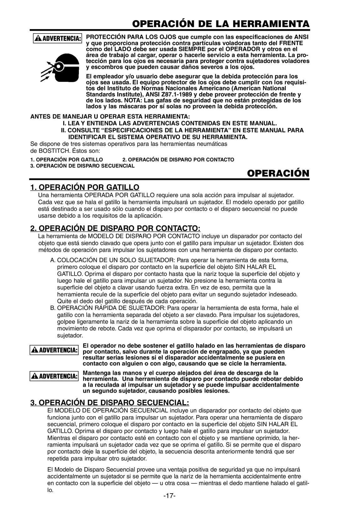 Bostitch 103618REVE manual Operación DE LA Herramienta, Operación DE Disparo POR Contacto, Operación DE Disparo Secuencial 