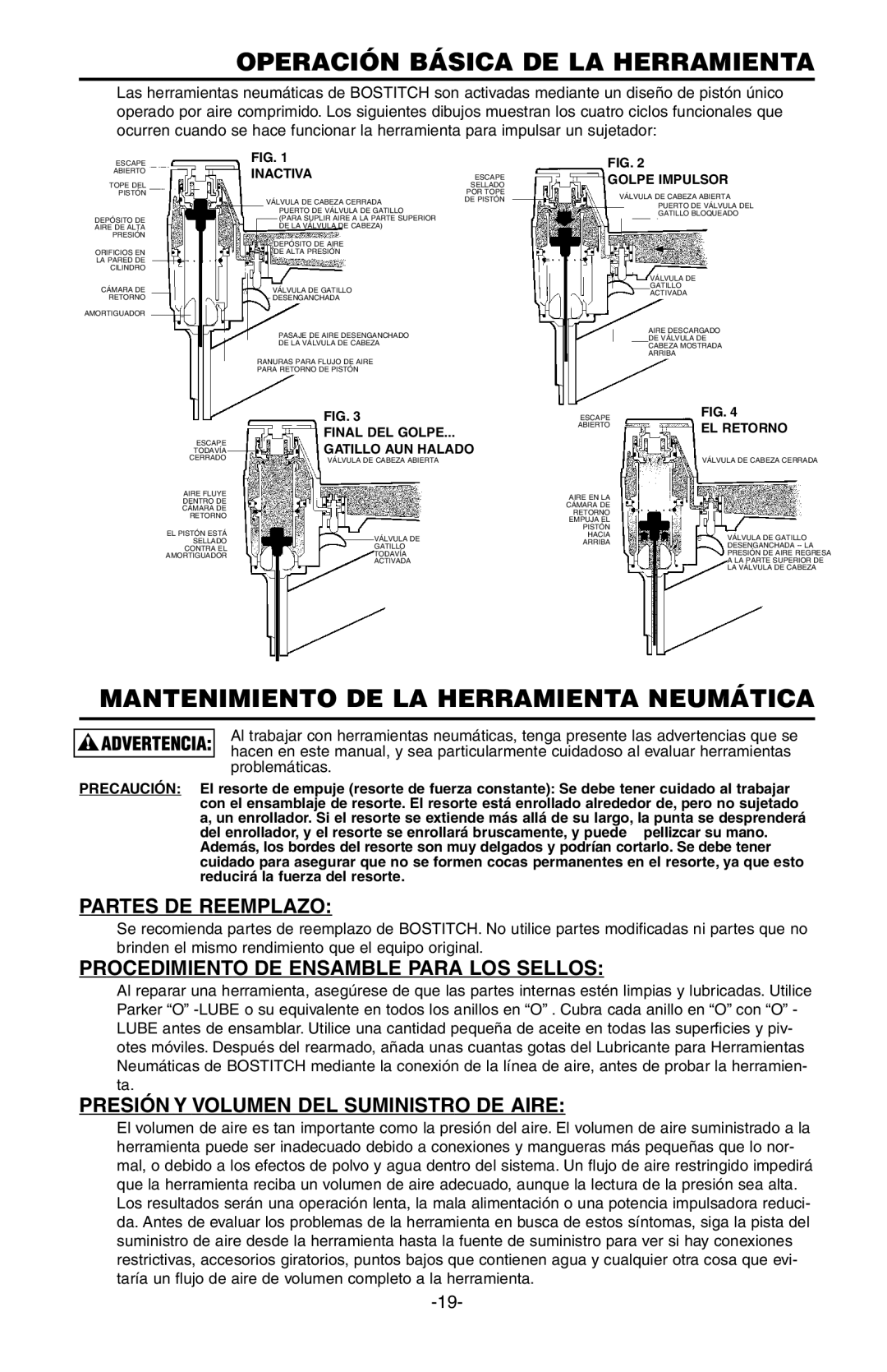 Bostitch 103618REVE Operación Básica DE LA Herramienta, Mantenimiento DE LA Herramienta Neumática, Partes DE Reemplazo 