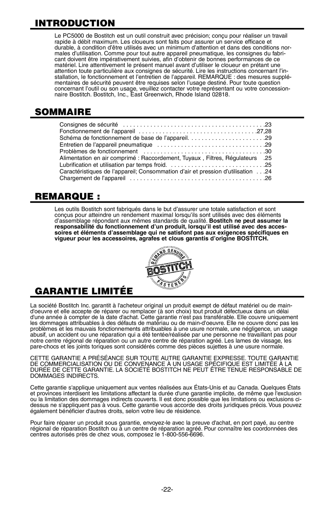 Bostitch PC5000, 103618REVE manual Sommaire, Remarque, Garantie Limitée 