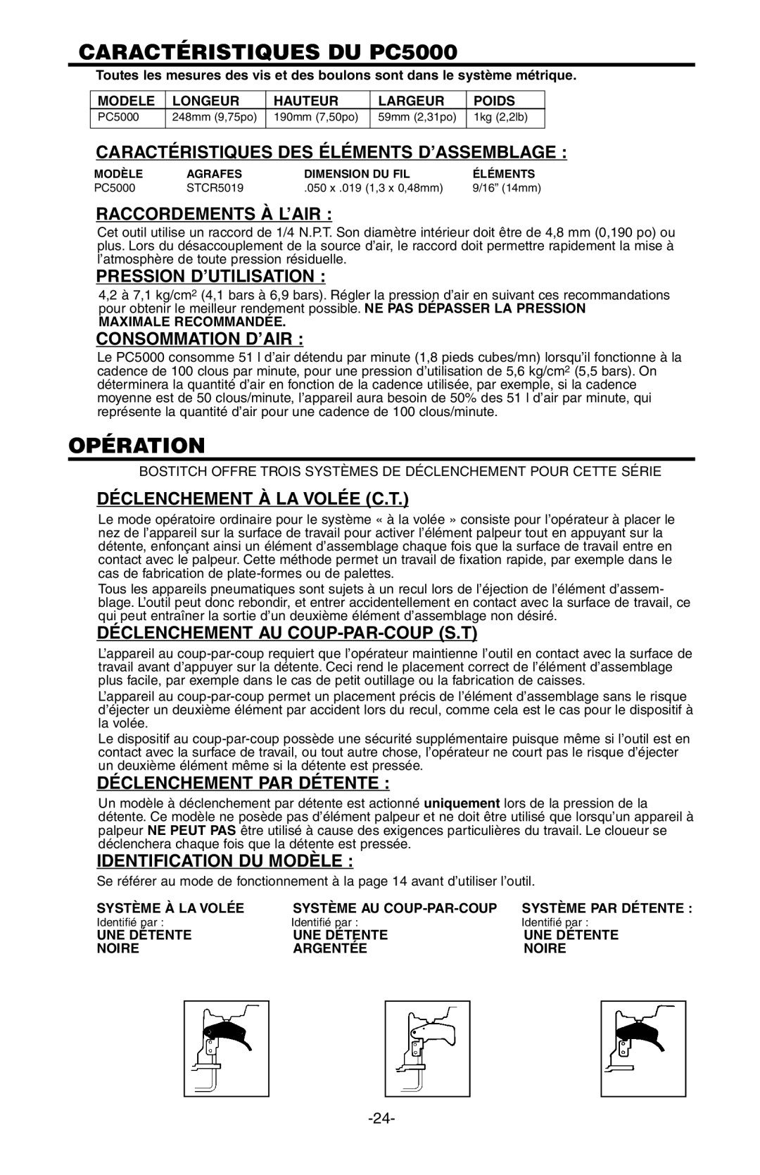 Bostitch 103618REVE manual Caractéristiques DU PC5000, Opération 