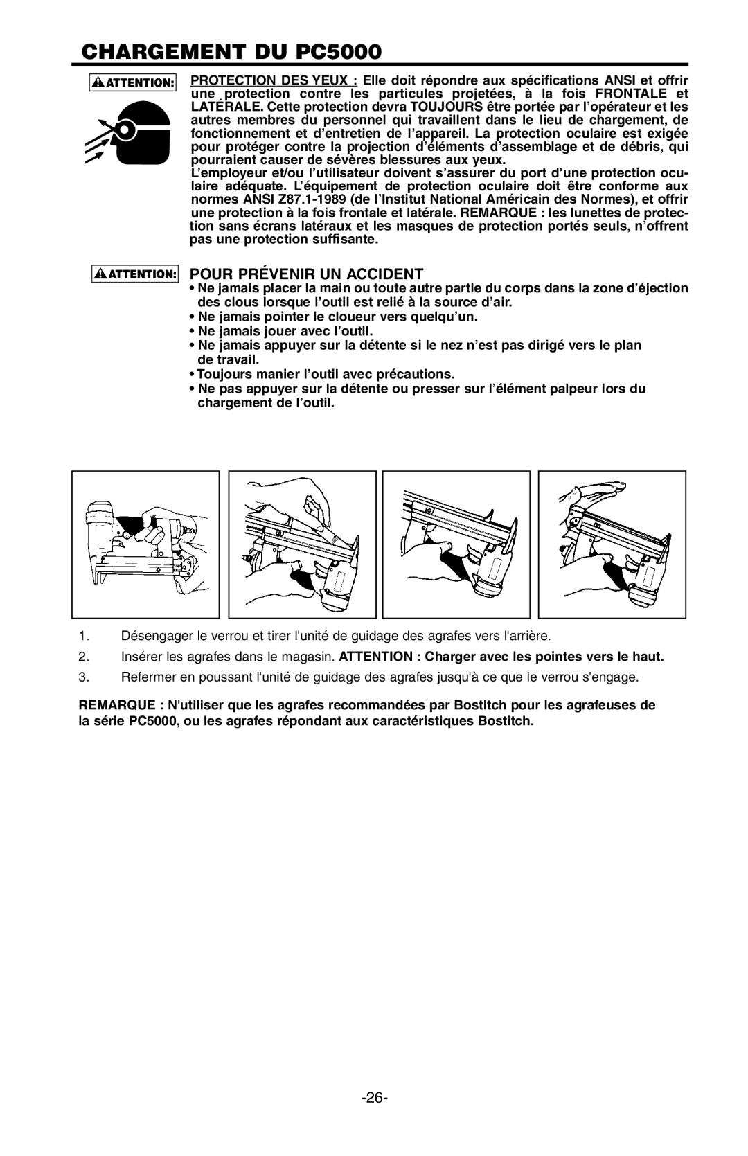 Bostitch 103618REVE manual Chargement DU PC5000, Pour Prévenir UN Accident 