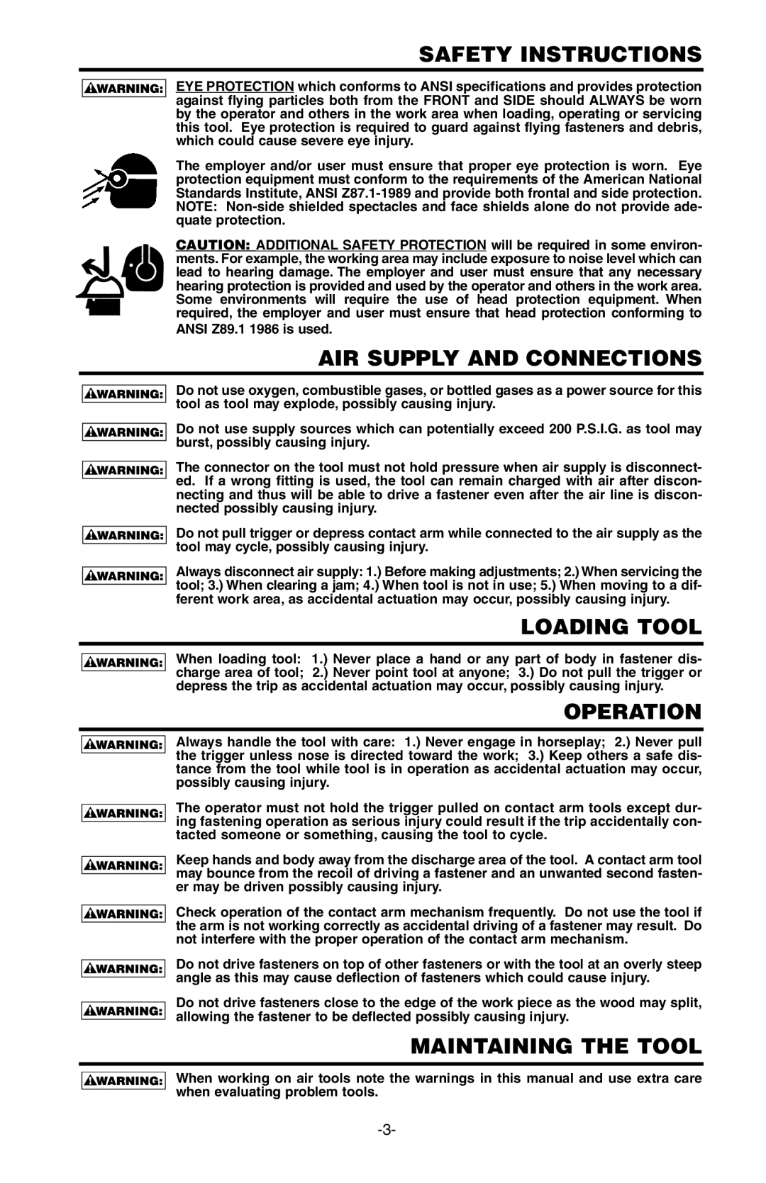 Bostitch 103618REVE, PC5000 Safety Instructions, AIR Supply and Connections, Loading Tool, Operation, Maintaining the Tool 