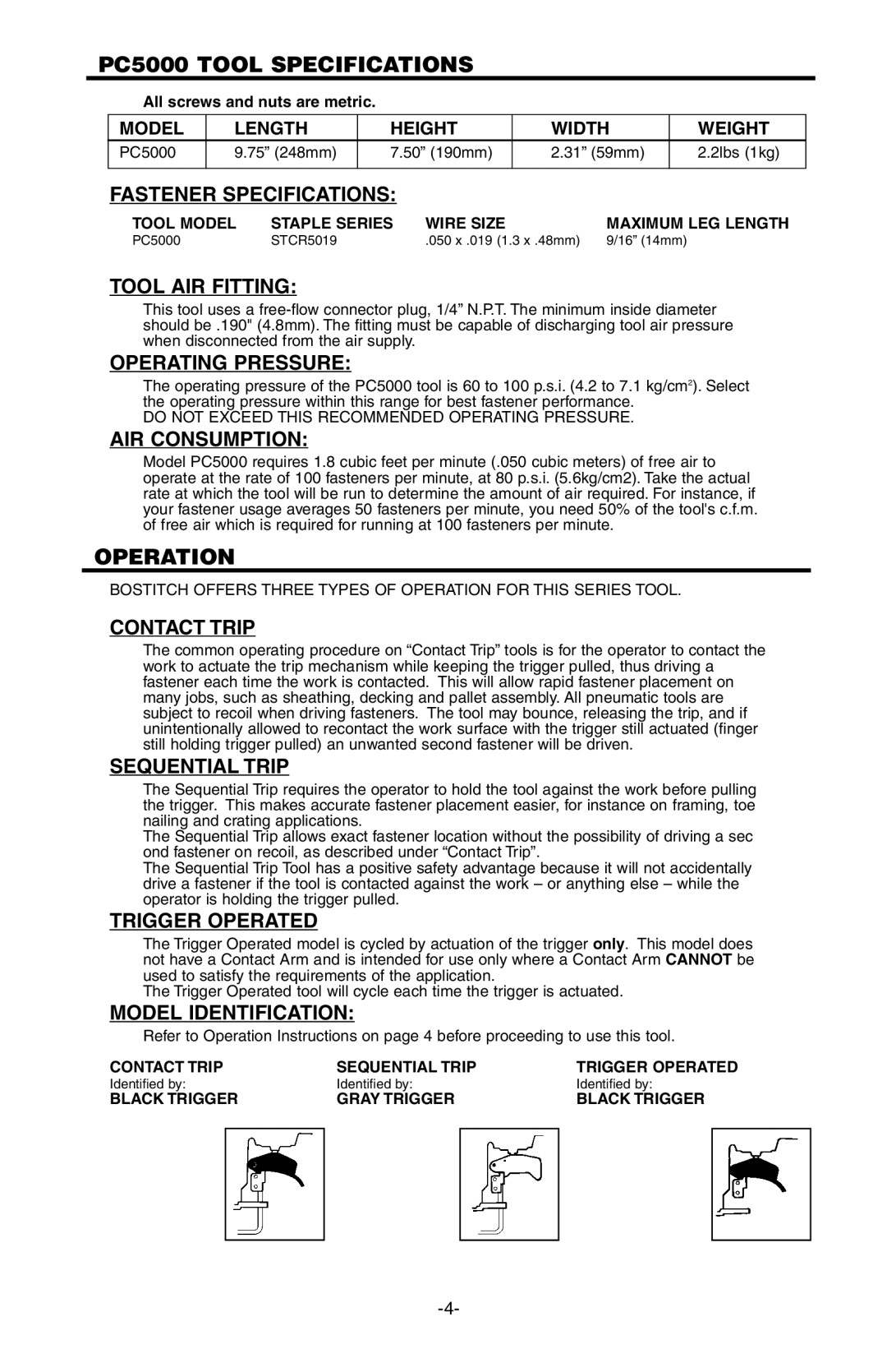 Bostitch 103618REVE manual PC5000 Tool Specifications, Operation 