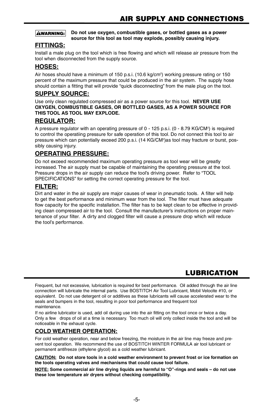 Bostitch 103618REVE, PC5000 manual AIR Supply and Connections, Lubrication 