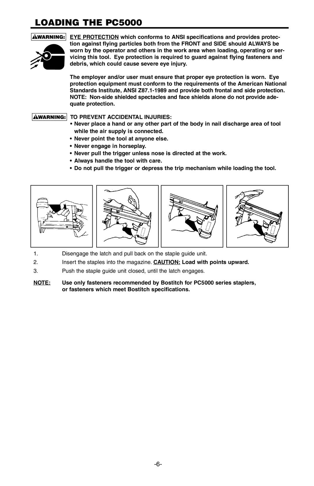 Bostitch 103618REVE manual Loading the PC5000, To Prevent Accidental Injuries 