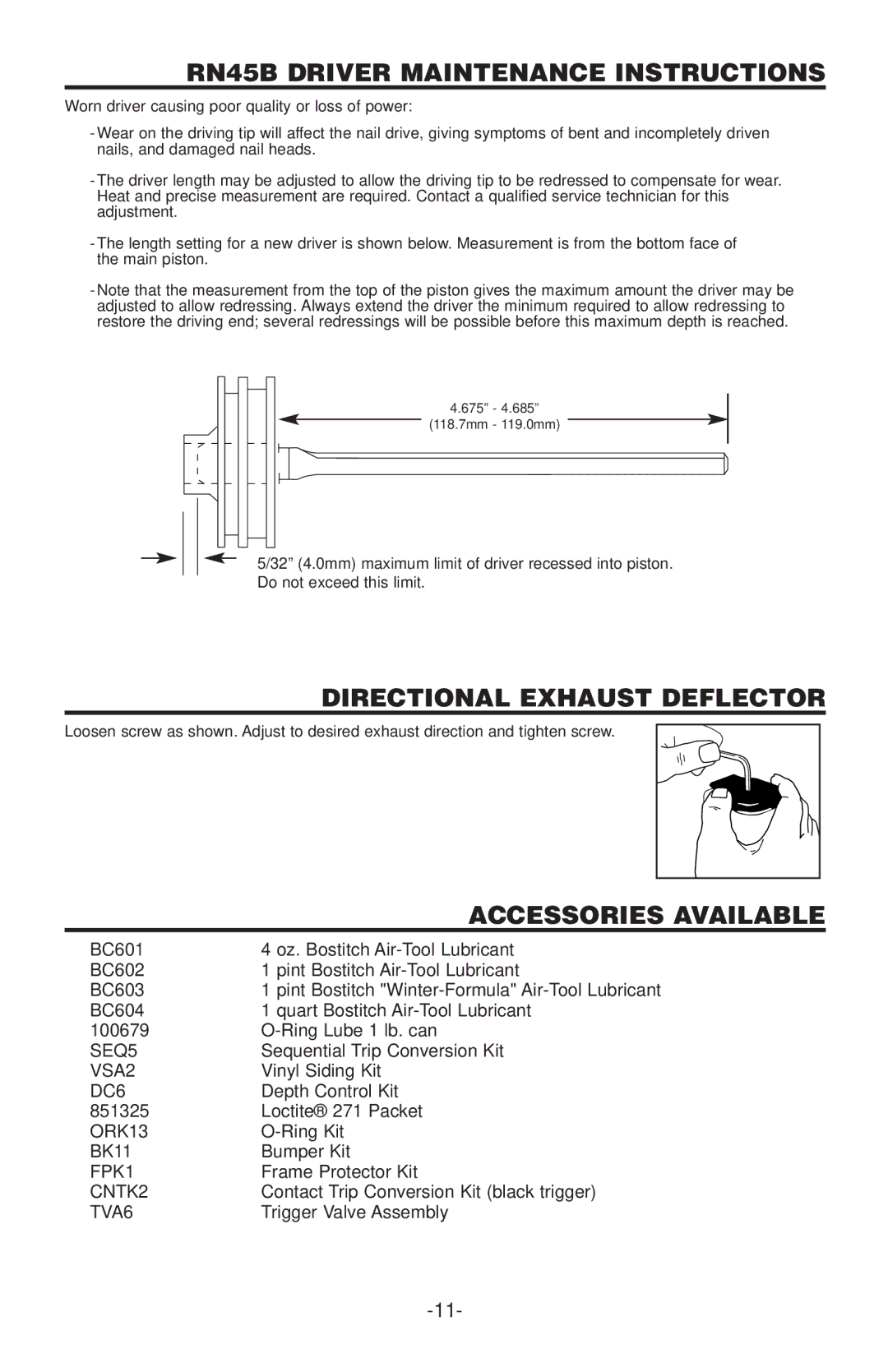 Bostitch manual RN45B Driver Maintenance Instructions, Directional Exhaust Deflector, Accessories Available 