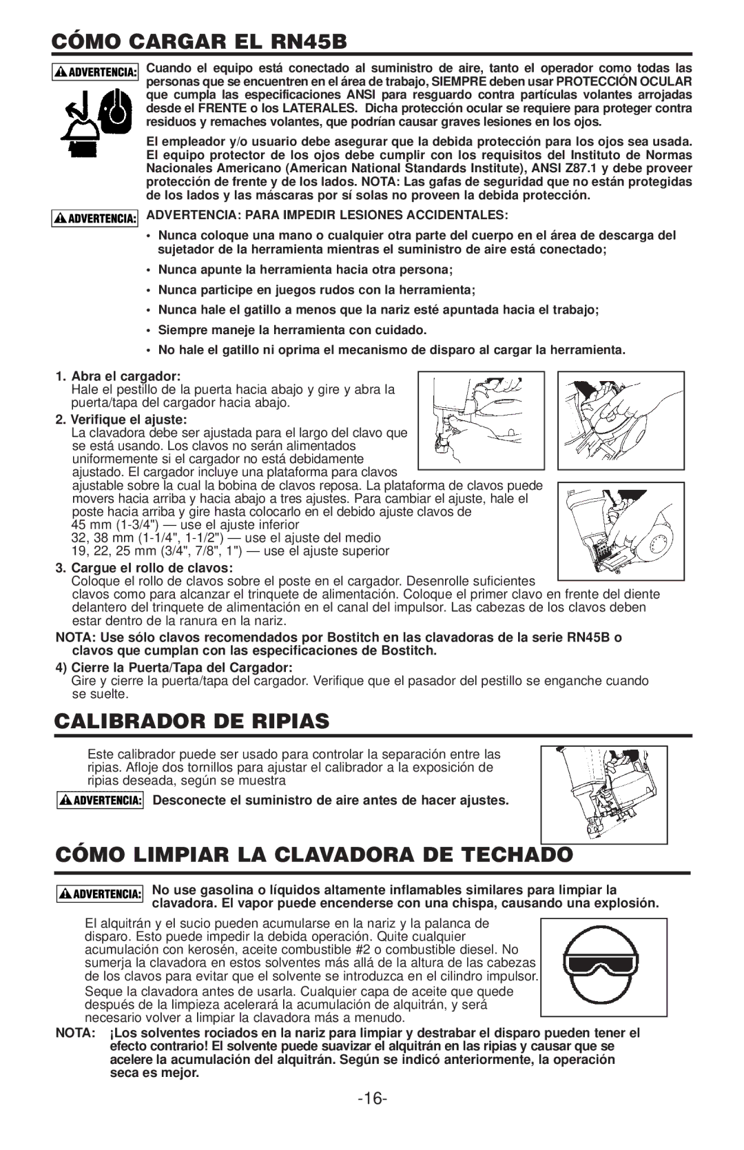 Bostitch manual Cómo Cargar EL RN45B, Calibrador DE Ripias, Cómo Limpiar LA Clavadora DE Techado 