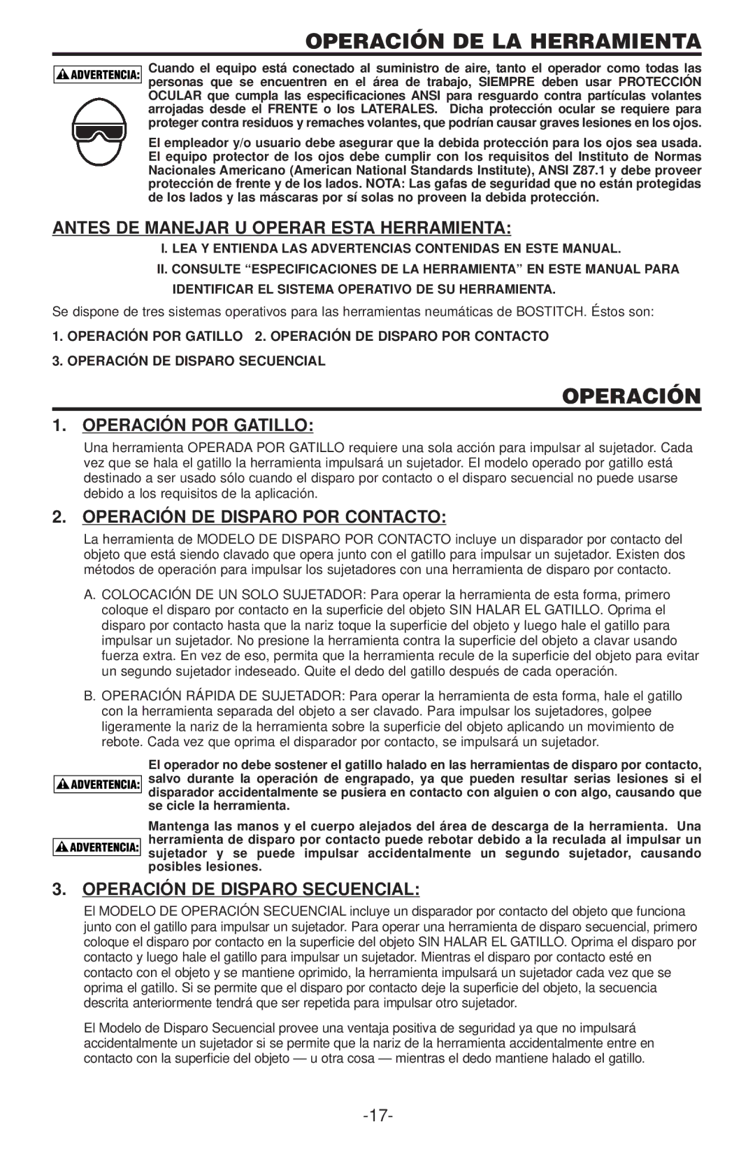 Bostitch RN45B manual Operación DE LA Herramienta, Antes DE Manejar U Operar Esta Herramienta, Operación POR GA Tillo 