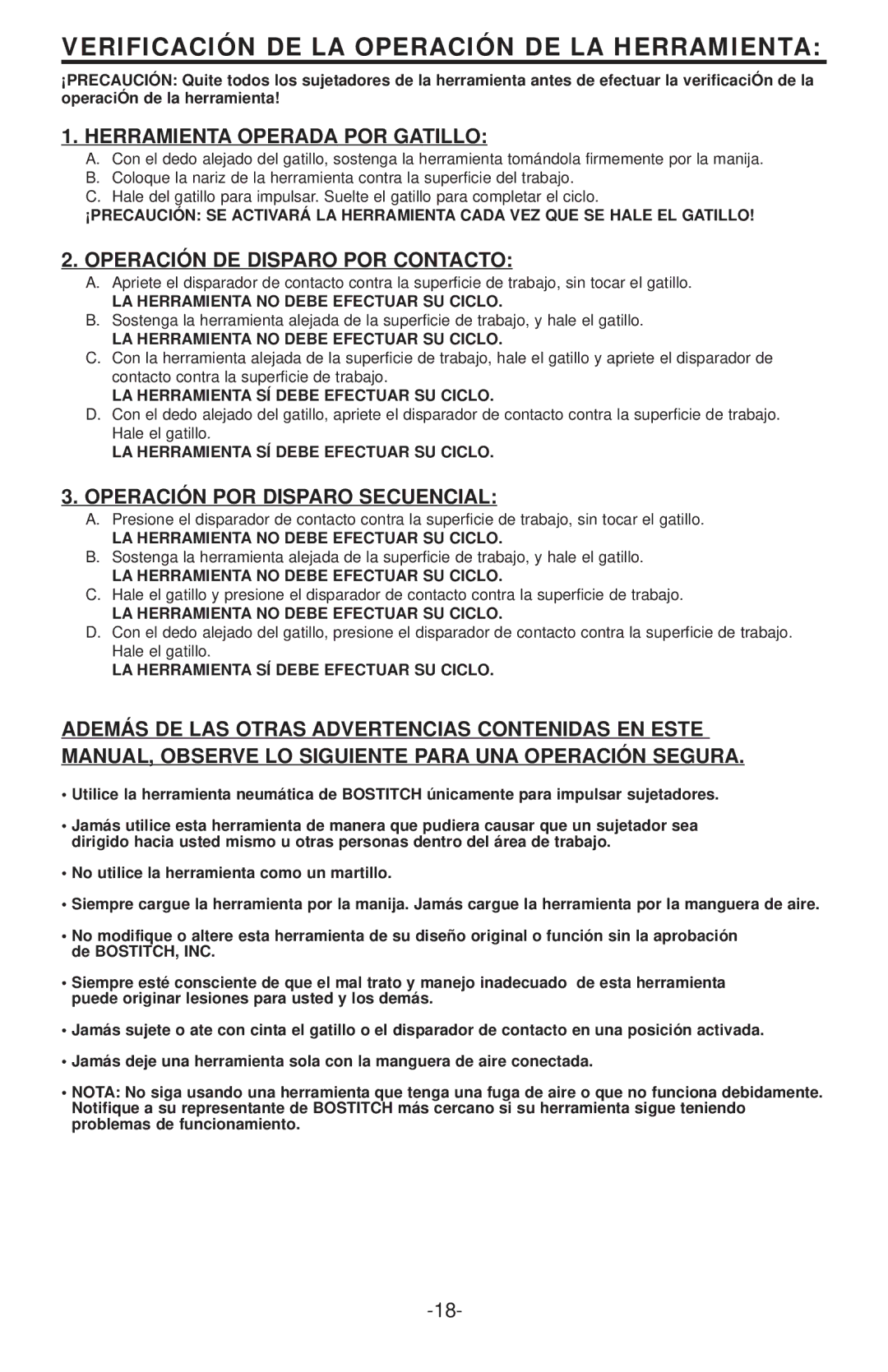 Bostitch RN45B manual Verificación DE LA Operación DE LA Herramienta, Herramienta Operada POR Gatillo 