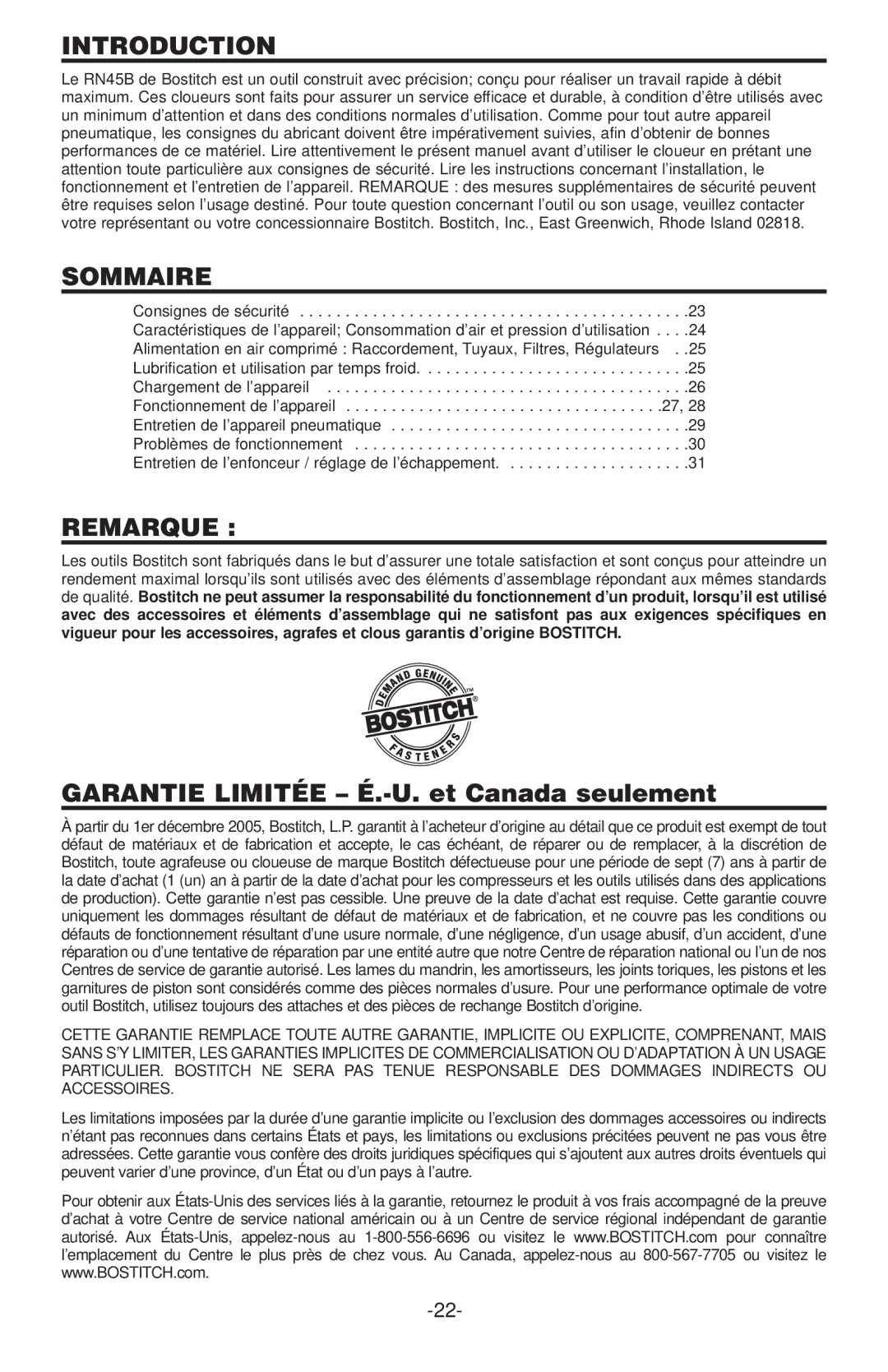 Bostitch RN45B manual Sommaire, Remarque 