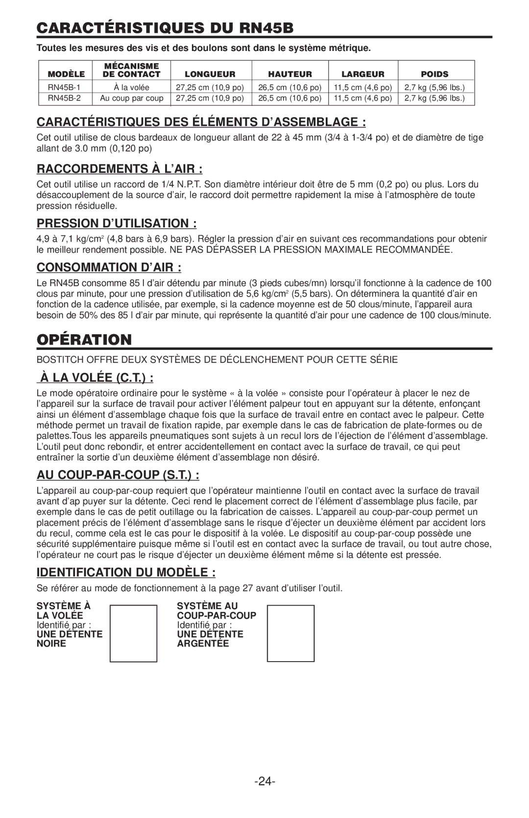 Bostitch manual Caractéristiques DU RN45B, Opération 