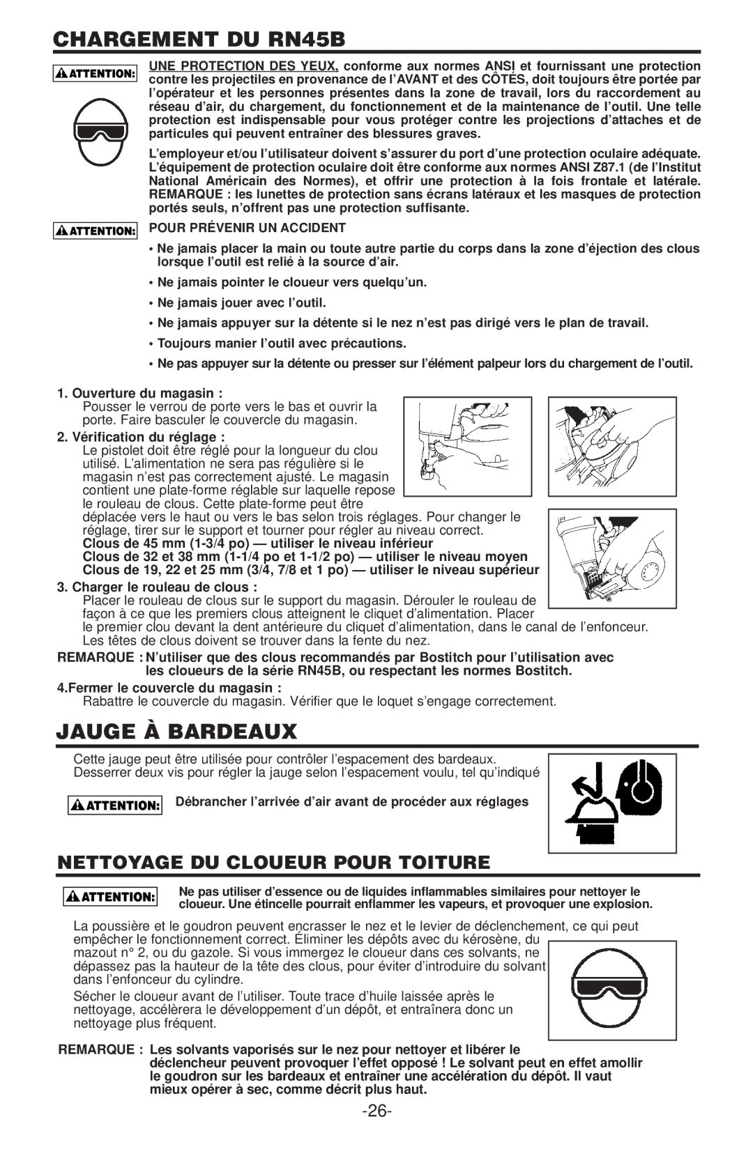 Bostitch manual Chargement DU RN45B, Jauge À Bardeaux, Pour Prévenir UN Accident, Vérification du réglage 