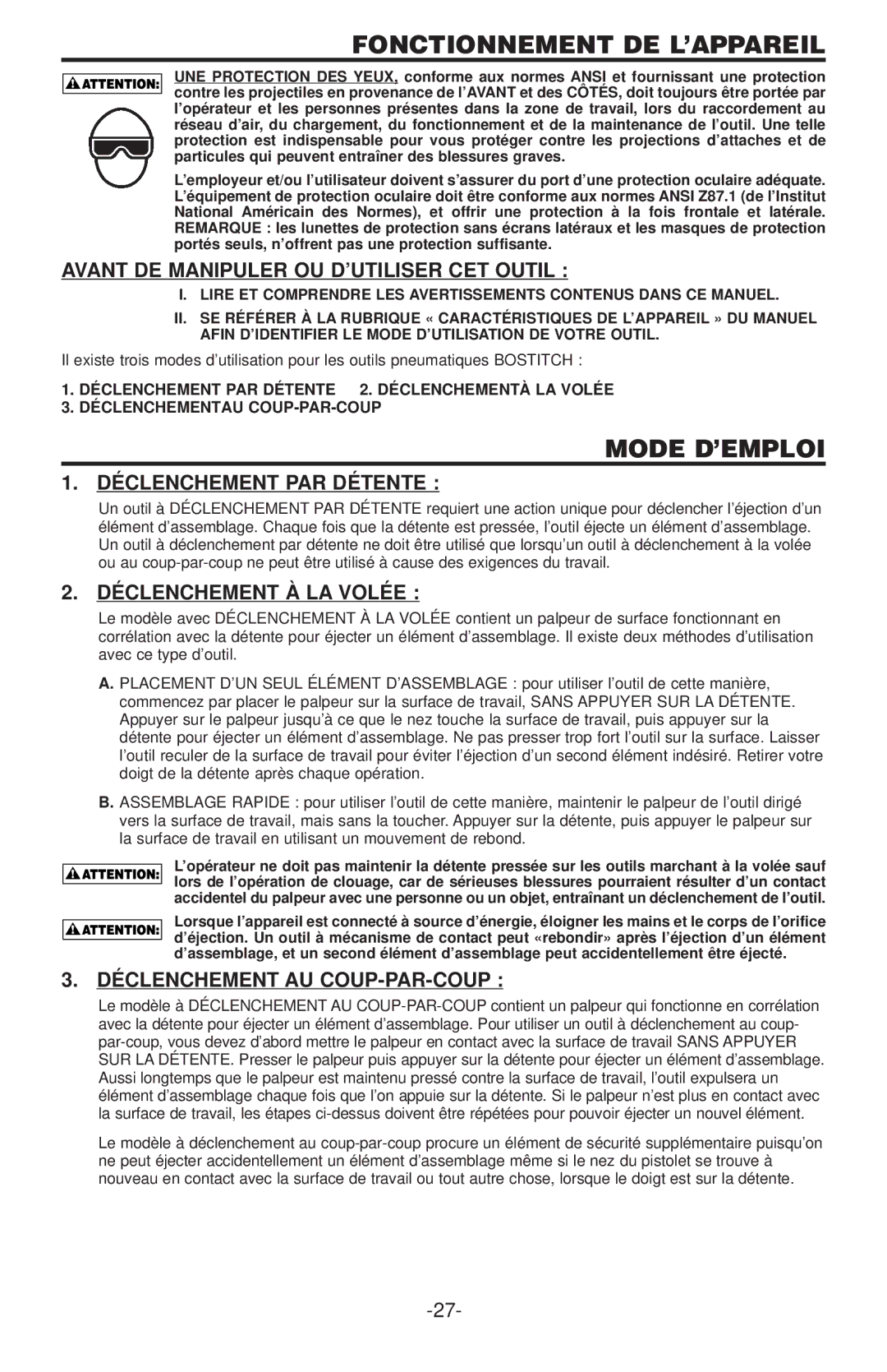 Bostitch RN45B manual Fonctionnement DE L’APPAREIL, Mode D’EMPLOI 