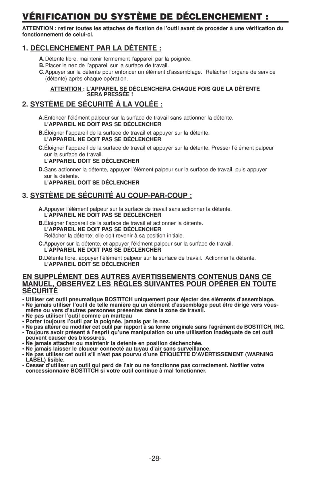 Bostitch RN45B Vérification DU Système DE Déclenchement, Déclenchement P AR LA Détente, Système DE Sécurité À LA Volée 