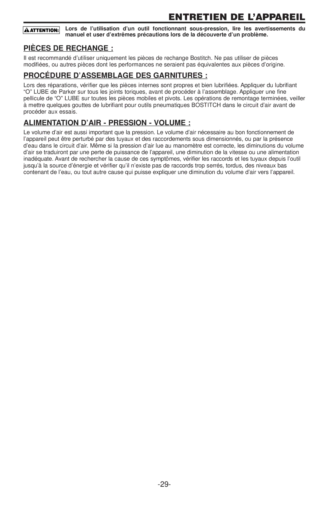 Bostitch RN45B manual Pièces DE Rechange, Procédure D’ASSEMBLAGE DES Garnitures, Alimentation D’AIR Pression Volume 