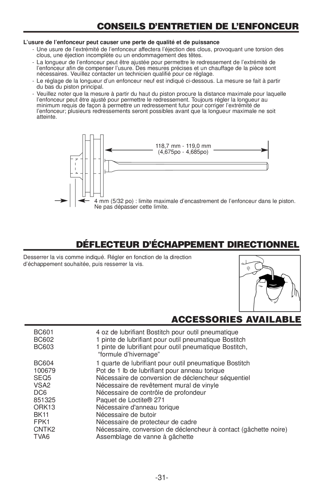 Bostitch RN45B manual Conseils D’ENTRETIEN DE L’ENFONCEUR, Déflecteur D’ÉCHAPPEMENT Directionnel 