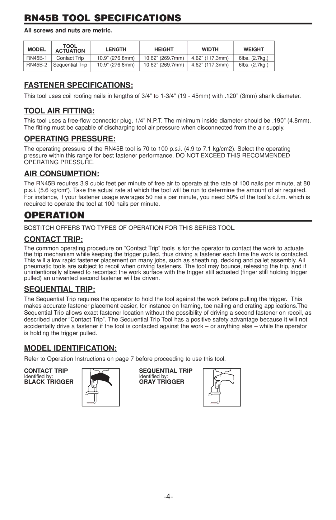 Bostitch manual RN45B Tool Specifications 