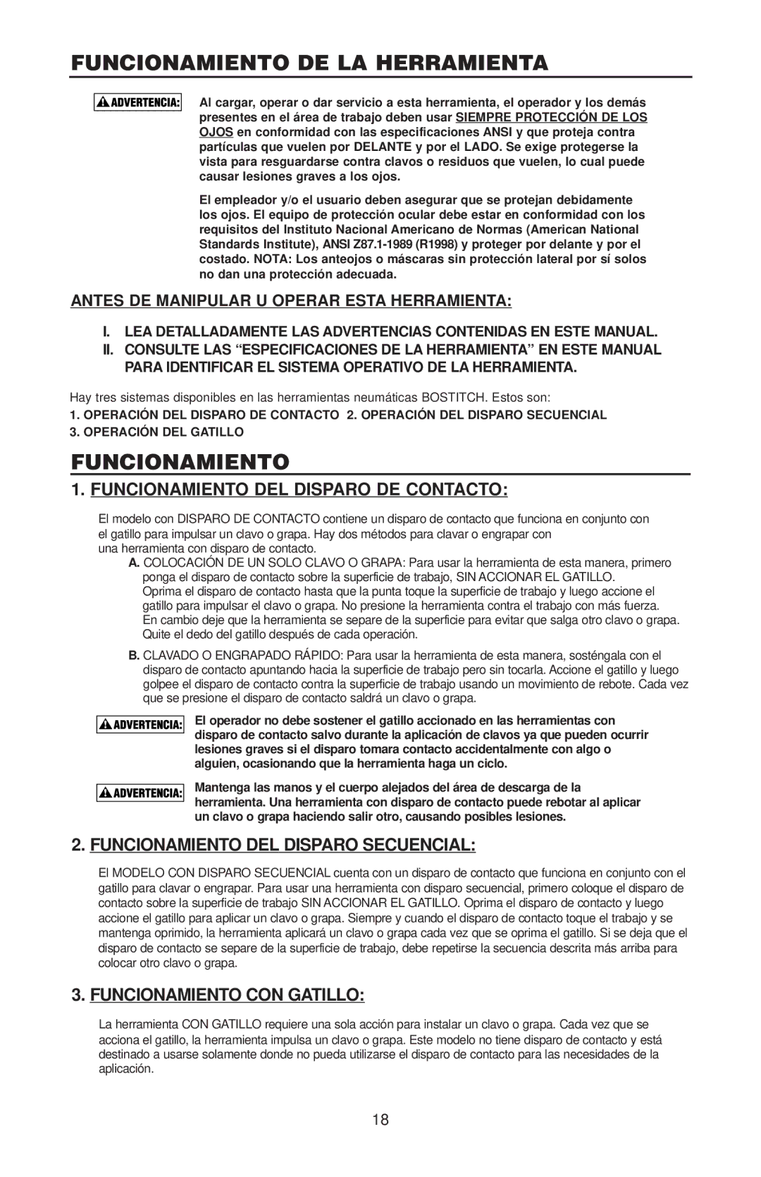 Bostitch RN46 manual Funcionamiento DE LA Herramienta, Funcionamiento DEL Disparo DE Contacto, Funcionamiento CON Gatillo 