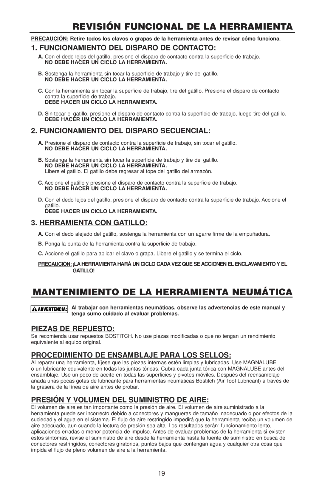 Bostitch RN46 manual Revisión Funcional DE LA Herramienta, Mantenimiento DE LA Herramienta Neumática 