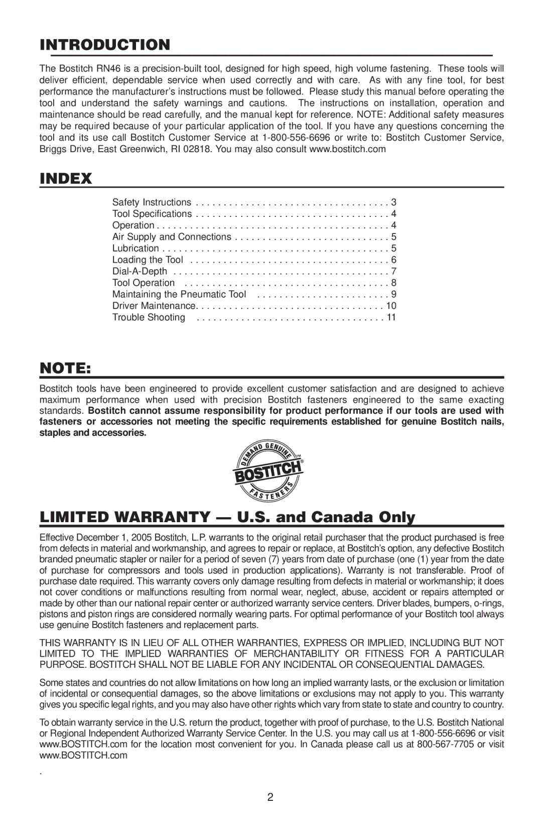 Bostitch RN46 manual Introduction Index, Limited Warranty U.S. and Canada Only 