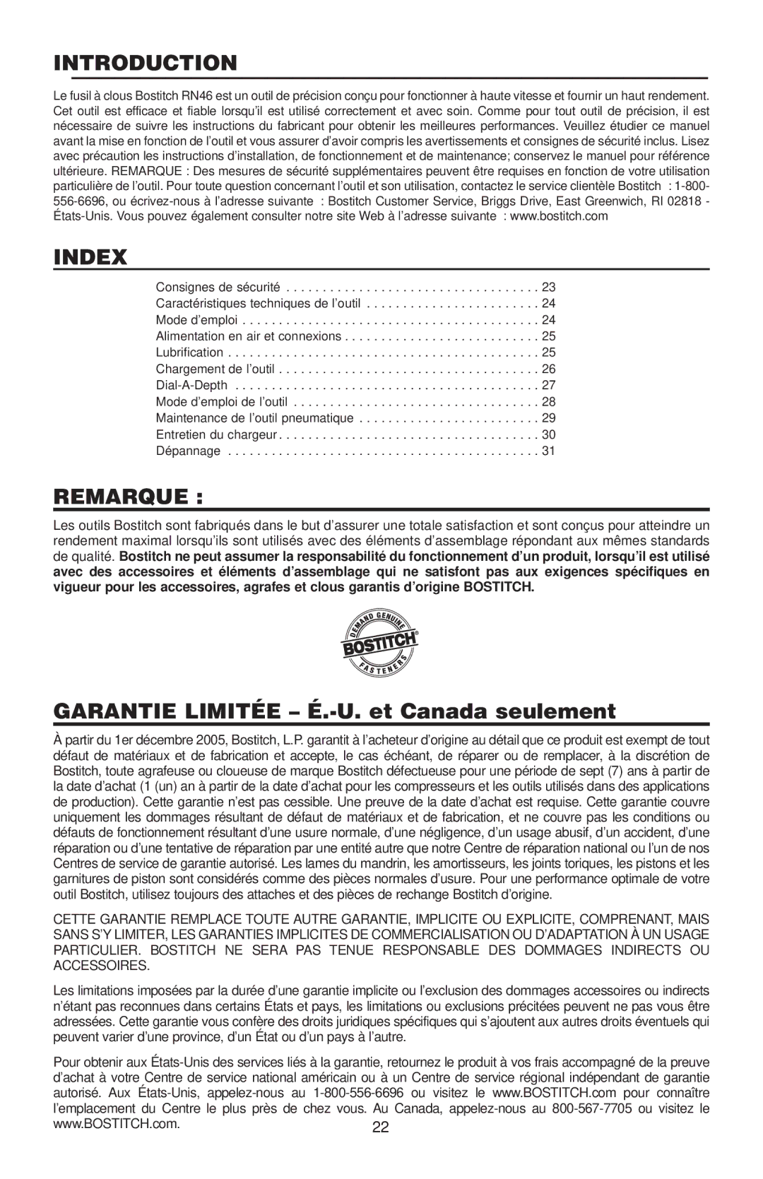 Bostitch RN46 manual Remarque, Garantie Limitée É.-U. et Canada seulement 