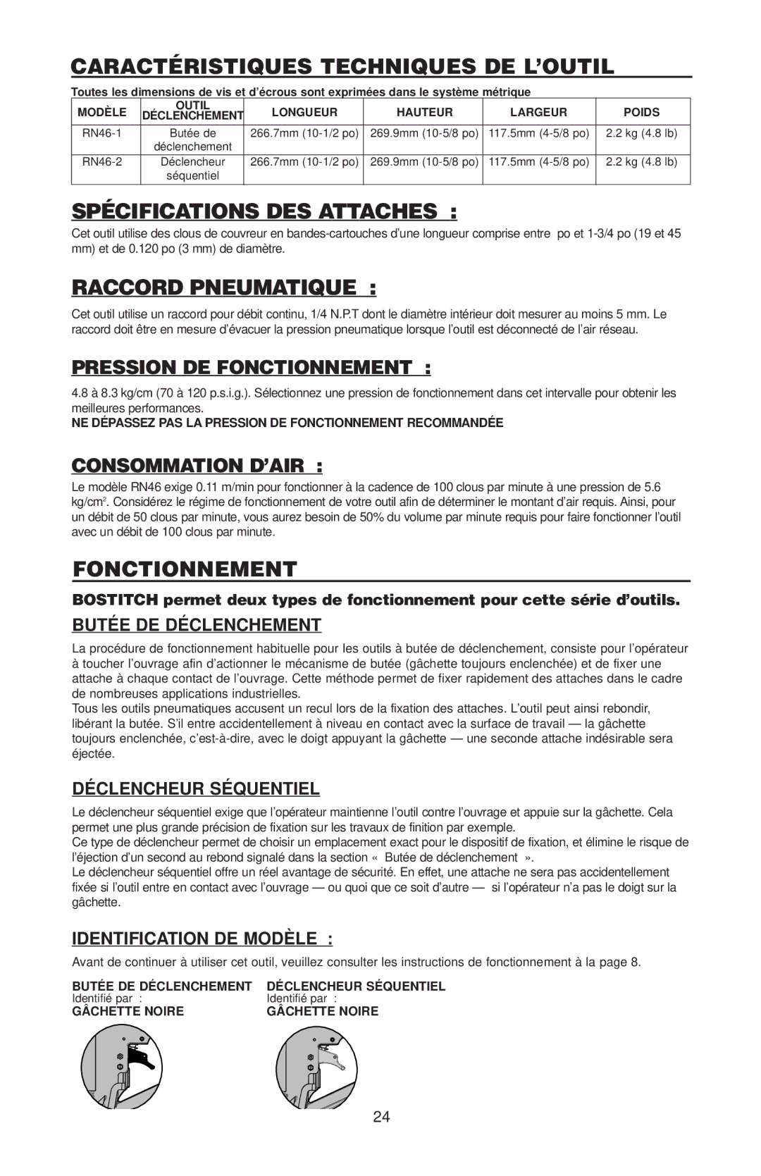 Bostitch RN46 Caractéristiques Techniques DE L’OUTIL, Spécifications DES Attaches, Raccord Pneumatique, Consommation D’AIR 