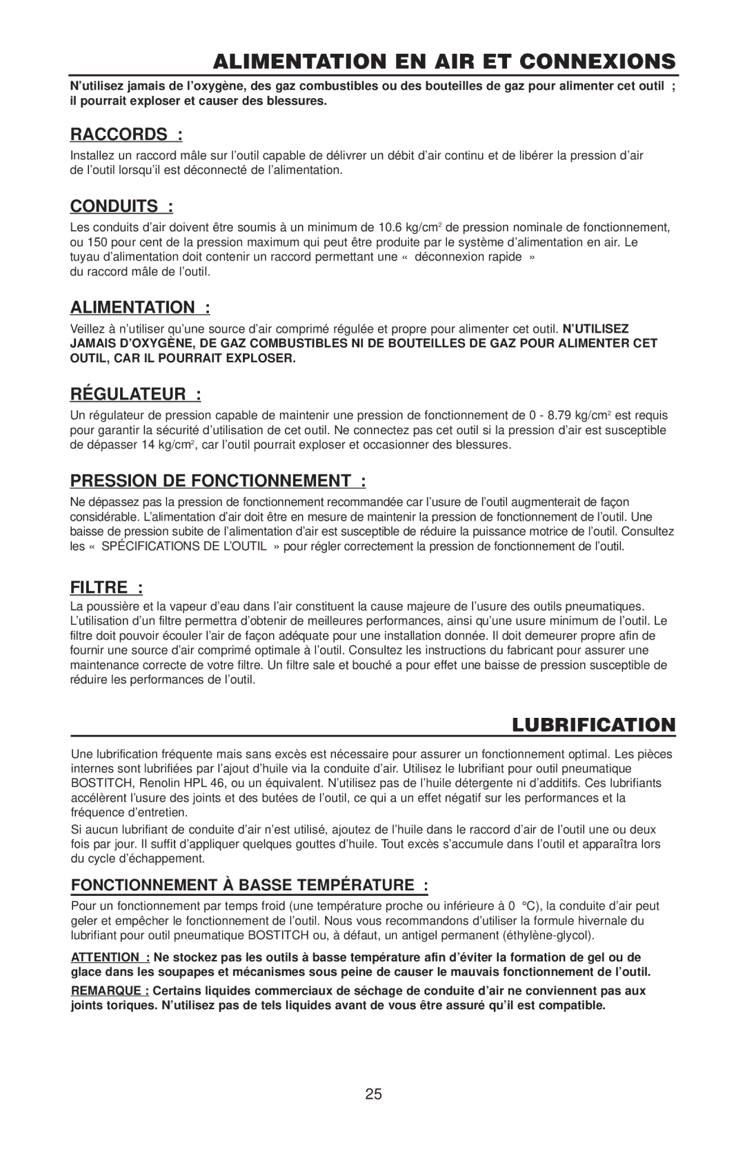 Bostitch RN46 manual Alimentation EN AIR ET Connexions, Lubrification 