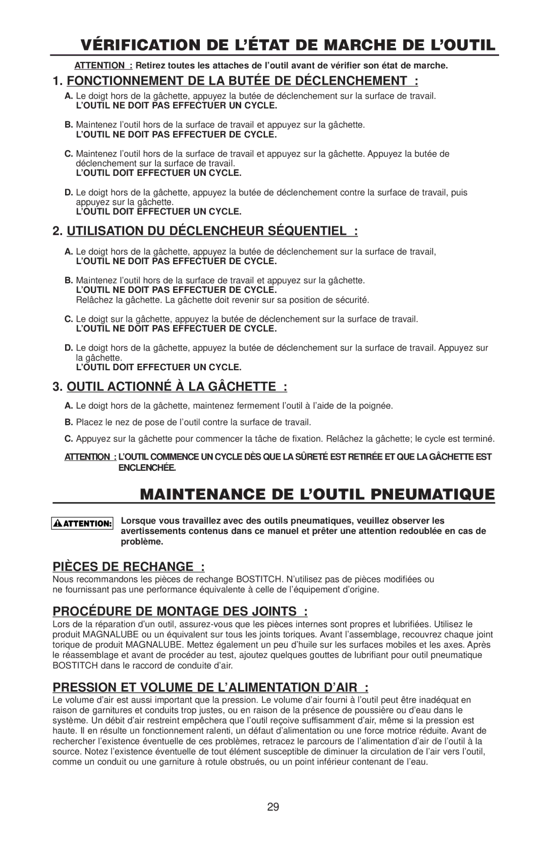 Bostitch RN46 manual Vérification DE L’ÉTAT DE Marche DE L’OUTIL, Maintenance DE L’OUTIL Pneumatique 