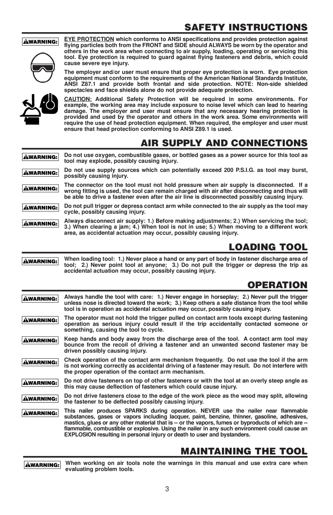 Bostitch RN46 manual Safety Instructions, AIR Supply and Connections, Loading Tool, Operation, Maintaining the Tool 