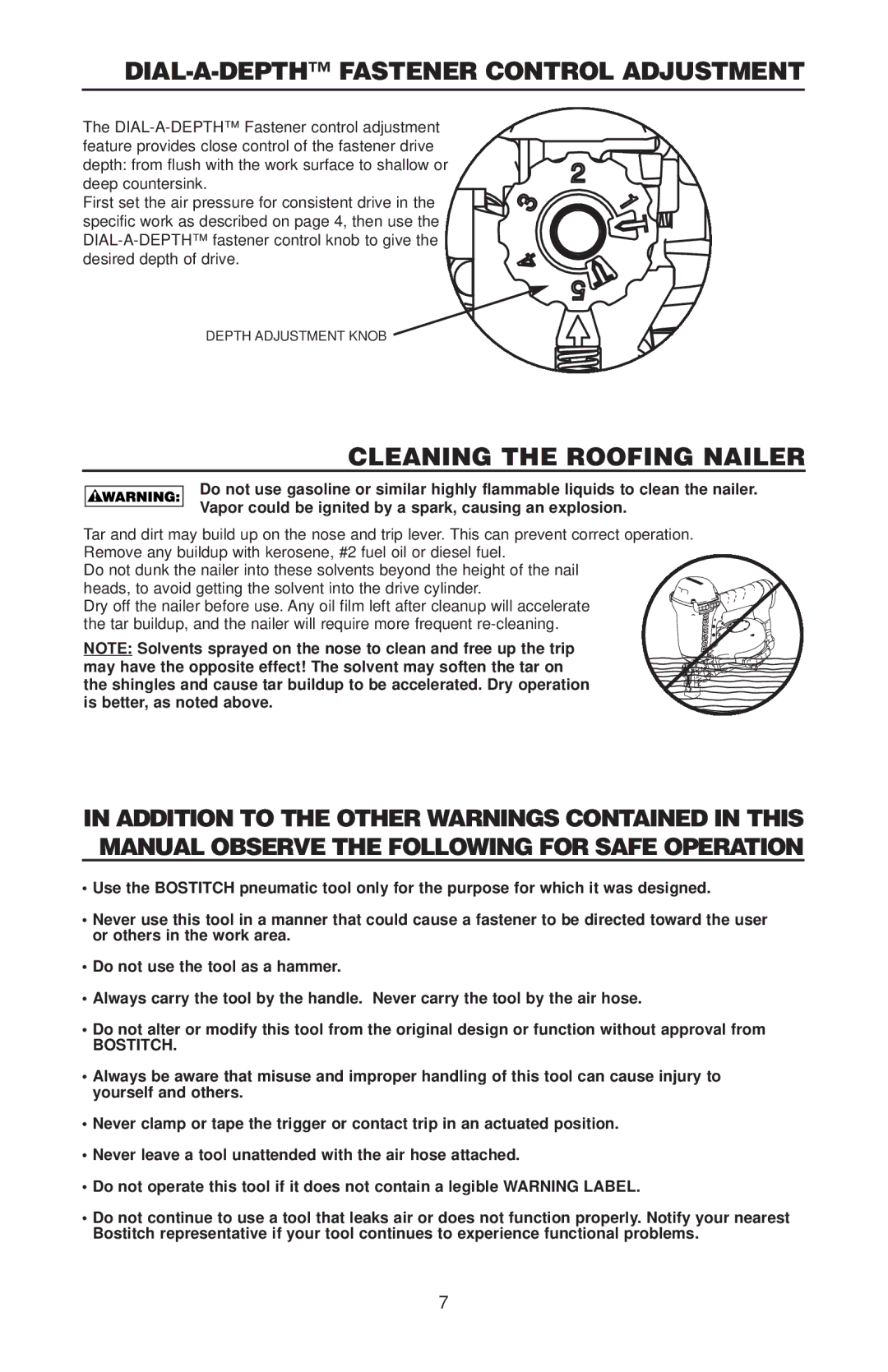 Bostitch RN46 manual DIAL-A-DEPTH Fastener Control Adjustment, Cleaning the Roofing Nailer 