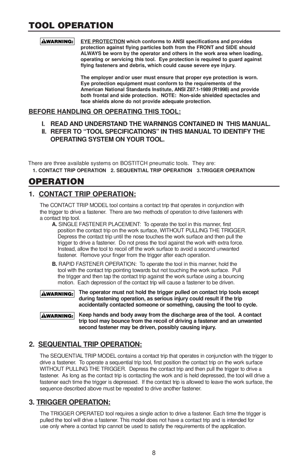 Bostitch RN46 manual Tool Operation, Contact Trip Operation, Sequential Trip Operation, Trigger Operation 