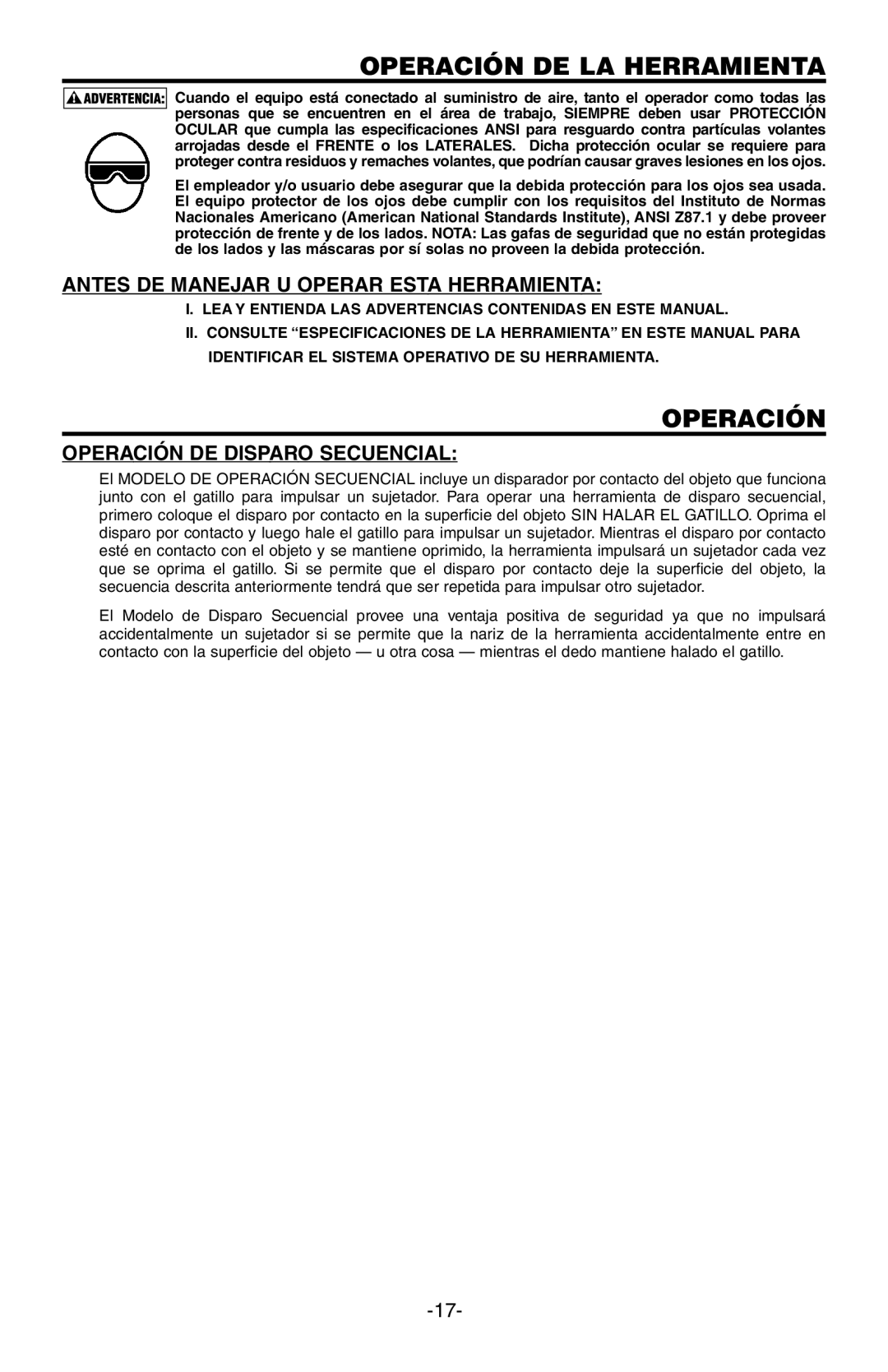 Bostitch SB-100SX Operación DE LA Herramienta, Antes DE Manejar U Operar Esta Herramienta, Operación DE Disparo Secuencial 