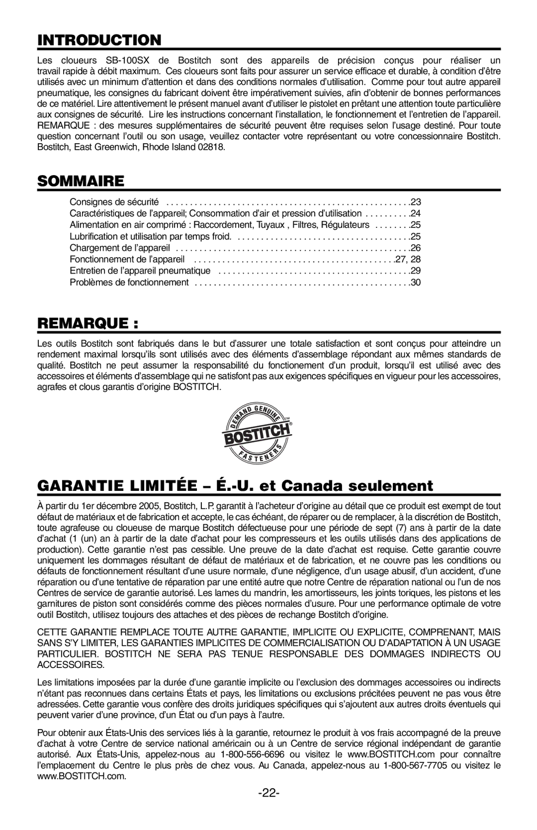 Bostitch SB-100SX manual Sommaire, Remarque 