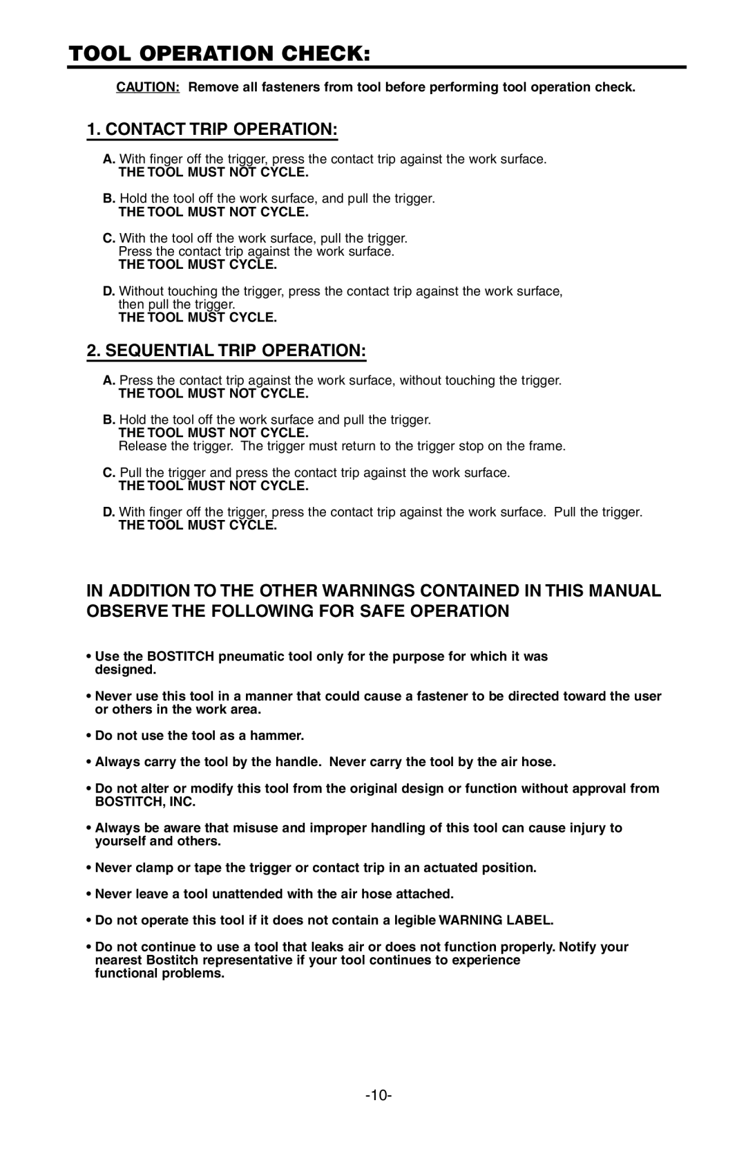 Bostitch SB-150SX manual Tool Operation Check, Tool Must not Cycle, Tool Must Cycle, Bostitch, Inc 
