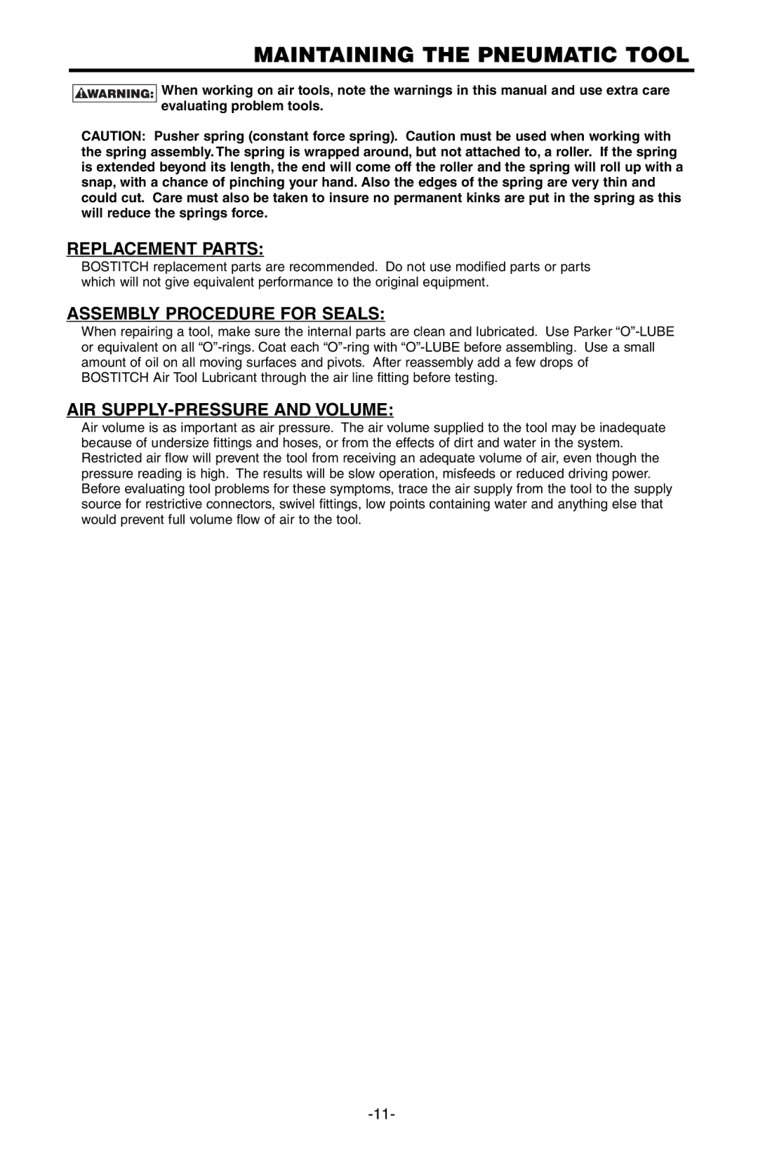Bostitch SB-150SX manual Maintaining the Pneumatic Tool, Replacement Parts, Assembly Procedure for Seals 