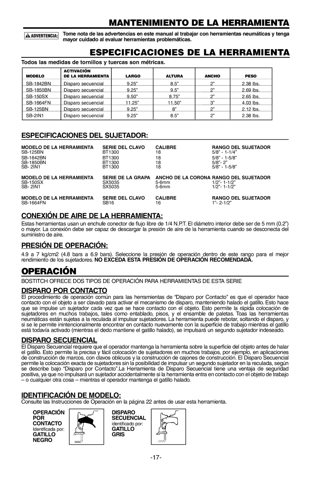 Bostitch SB-150SX manual Mantenimiento DE LA Herramienta, Especificaciones DE LA Herramienta 