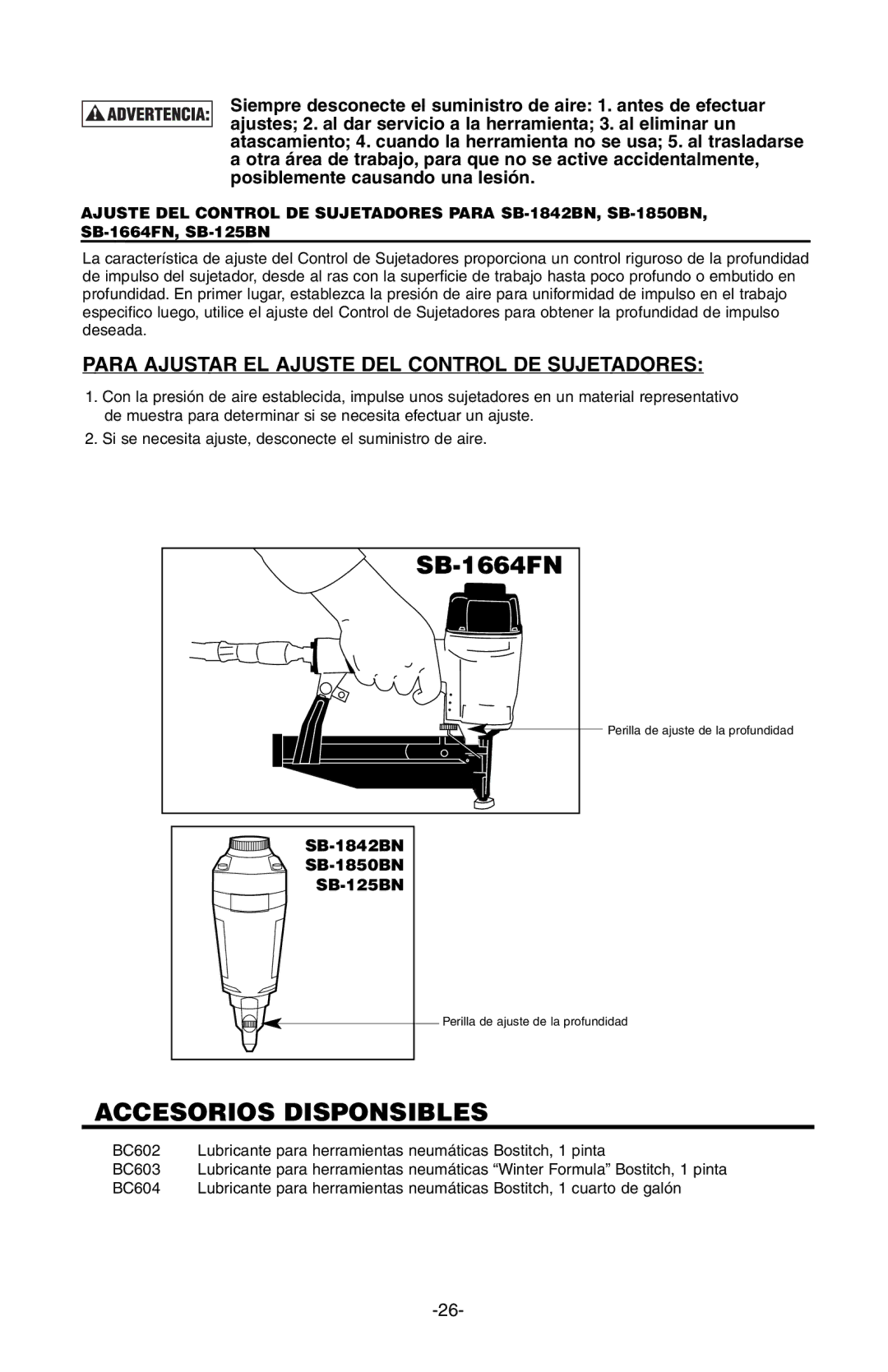 Bostitch SB-150SX manual Accesorios Disponsibles, Para Ajustar EL Ajuste DEL Control DE Sujetadores 