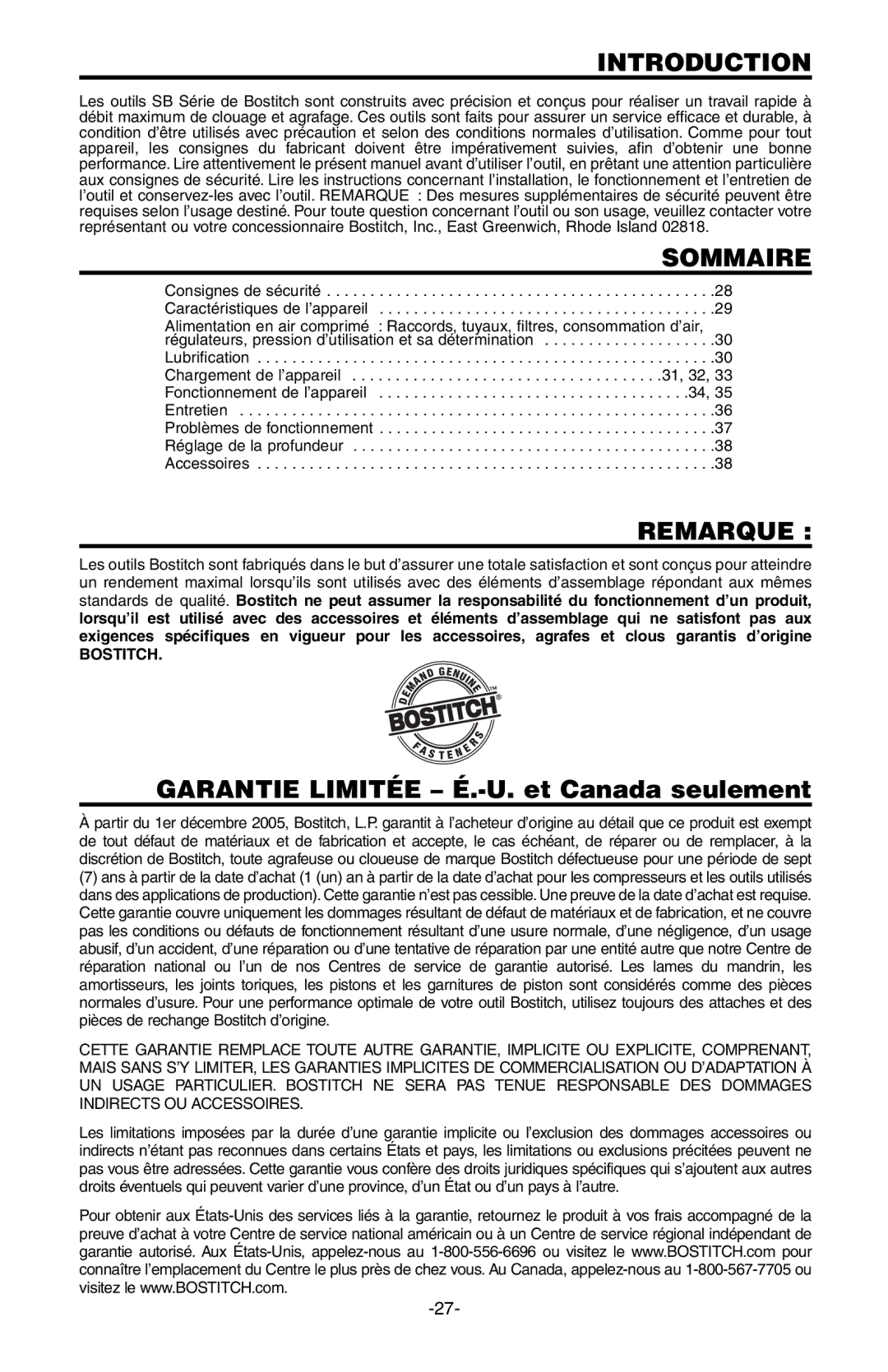 Bostitch SB-150SX manual Sommaire, Remarque, Bostitch 