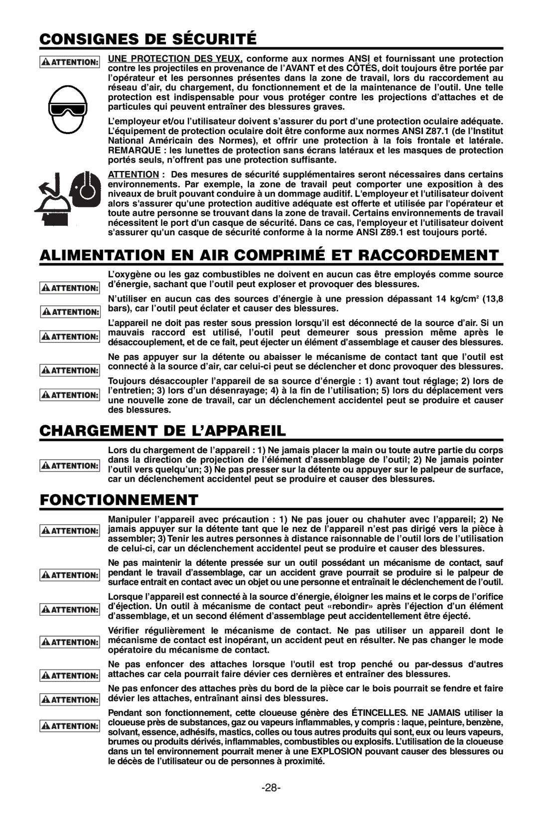 Bostitch SB-150SX manual Consignes DE Sécurité, Alimentation EN AIR Comprimé ET Raccordement, Chargement DE L’APPAREIL 