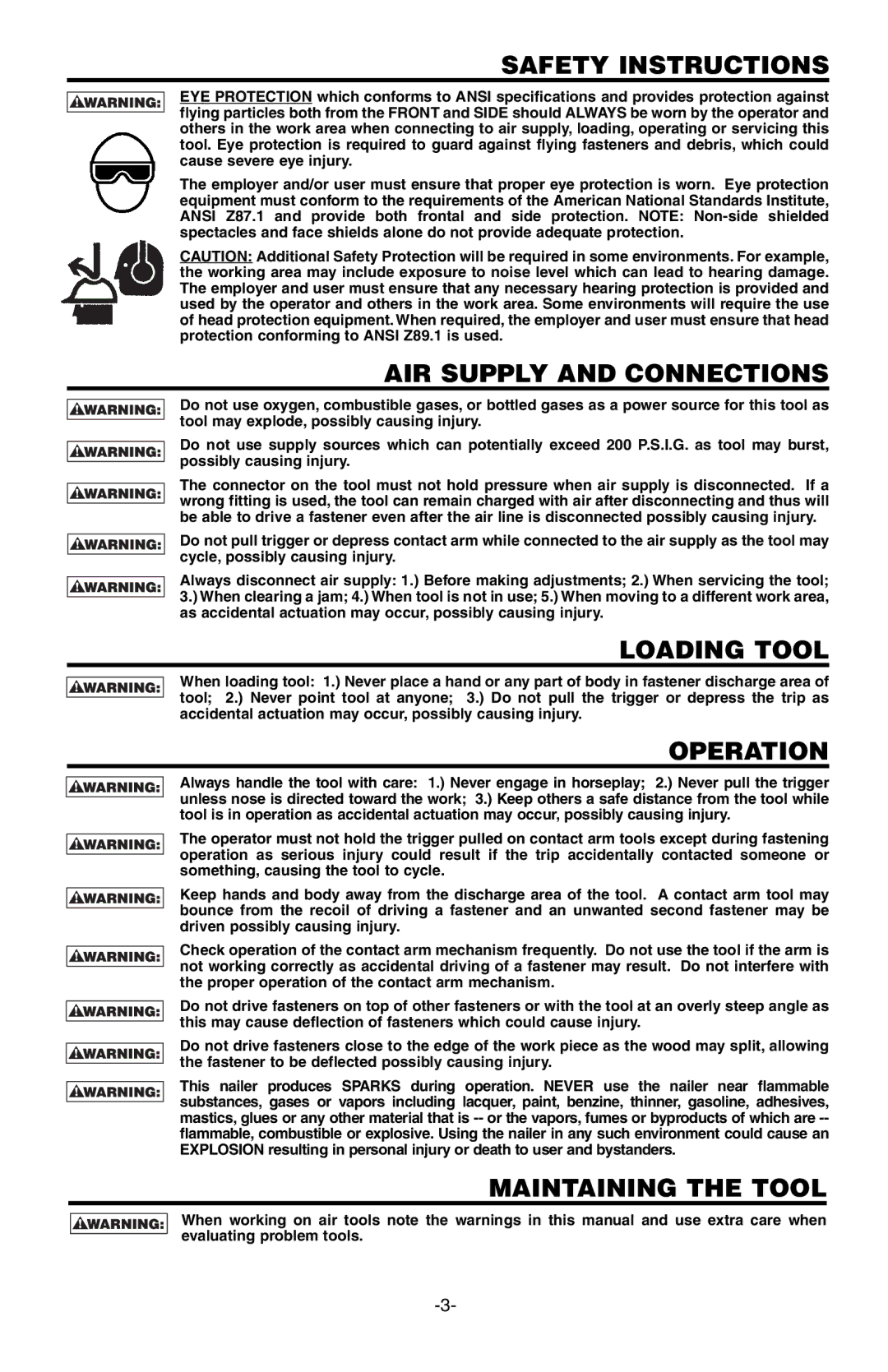 Bostitch SB-150SX manual Safety Instructions, AIR Supply and Connections, Loading Tool, Operation, Maintaining the Tool 